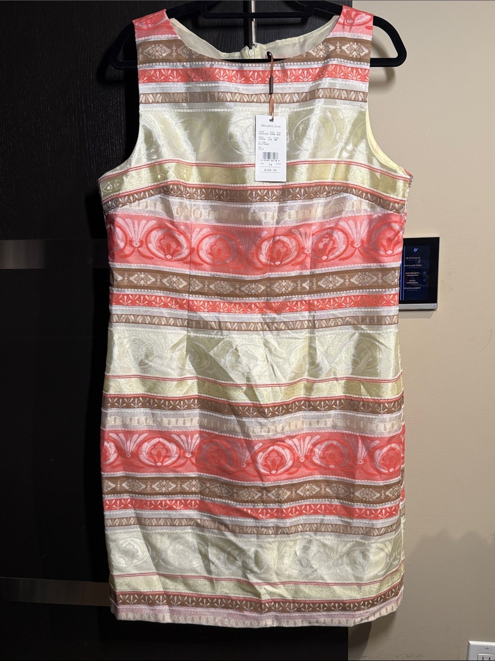 Chetta B Sleeveless Jacquard Shift Dress in Coral and Cream with Tan Accents